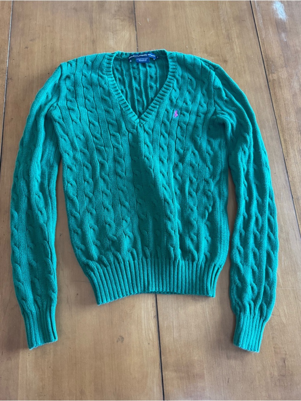 VTG Women's Ralph Lauren Sport Green Cable Knit V-Neck Sweater Size Small